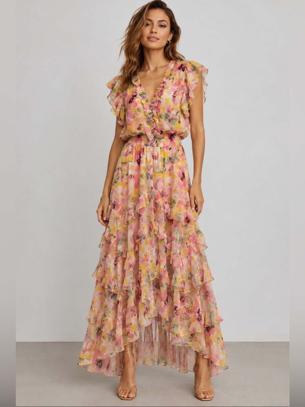 MISA Los Angeles Women L Floral Ruffle Tiered Dakota Maxi Dress NWT Made in USA